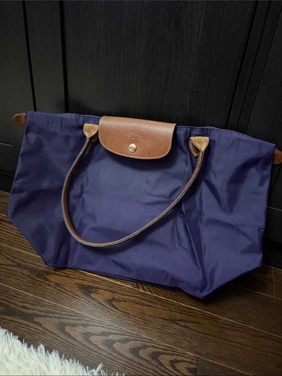 Longchamp Handbags - Longchamp Navy Nylon Tote with Brown Leather Trim